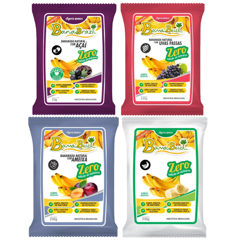 Bananada Açaí, Uvas Passas, Ameixa e Natural - 04 Pacotes