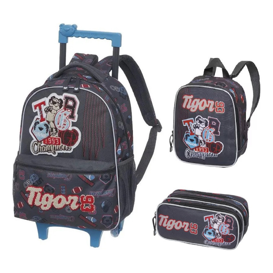 Kit Mochila Rodinhas Alca Tigor Lancheira Estojo Champion