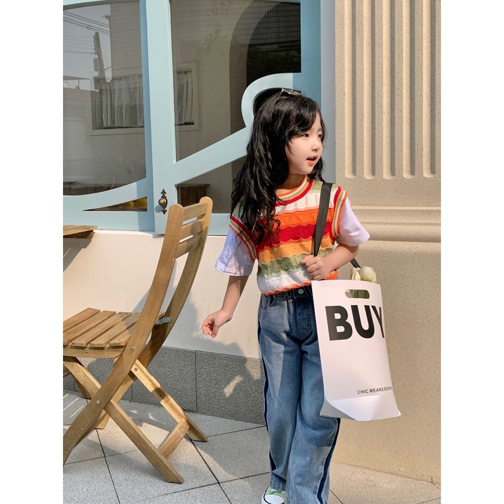 Mini Dan meninas camiseta de manga curta verão novo estilo crianças estilo ocidental falso de duas peças listrado colete