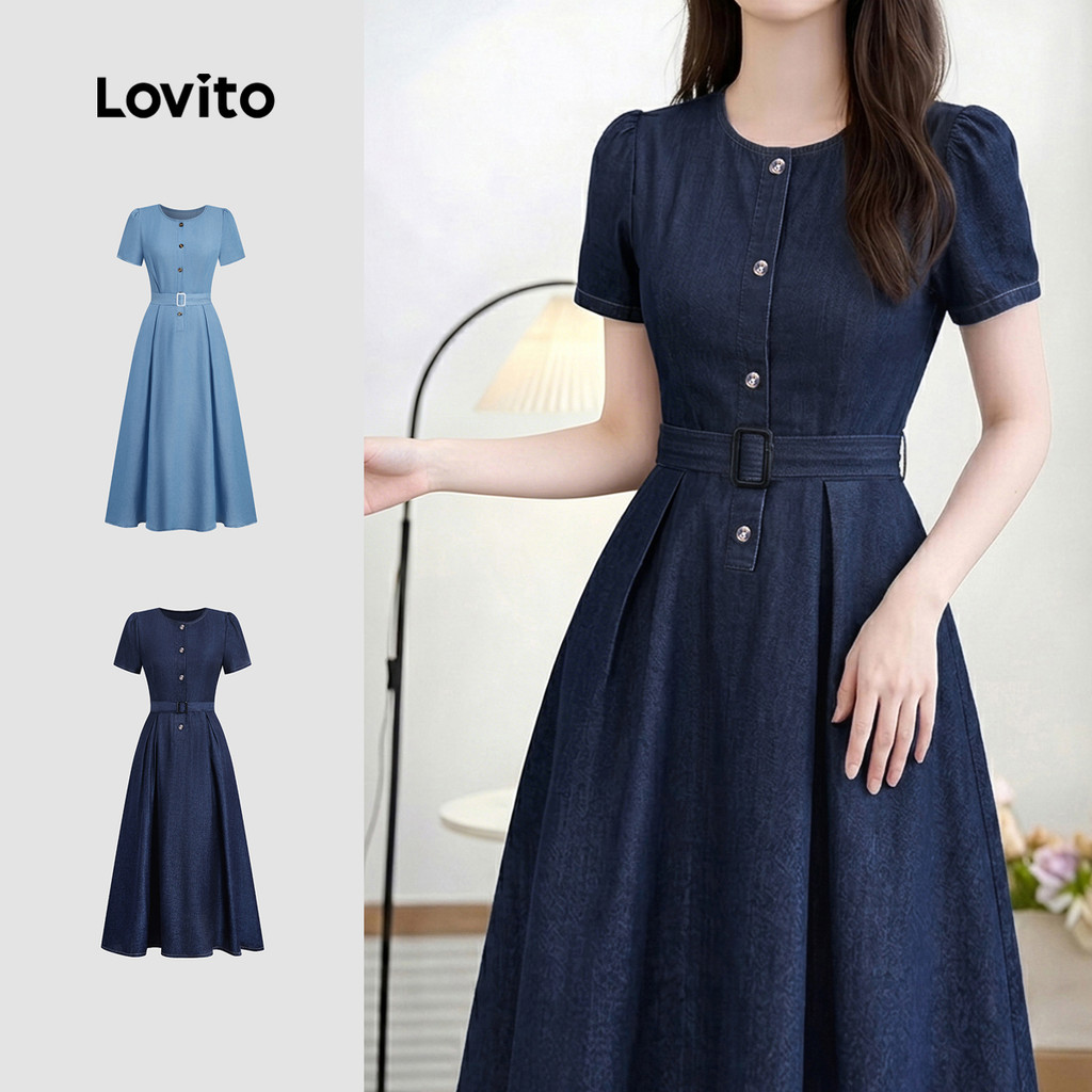 Lovito Vestido Casual com Zíper Primavera/verão Azul para mulheres LK6LD108