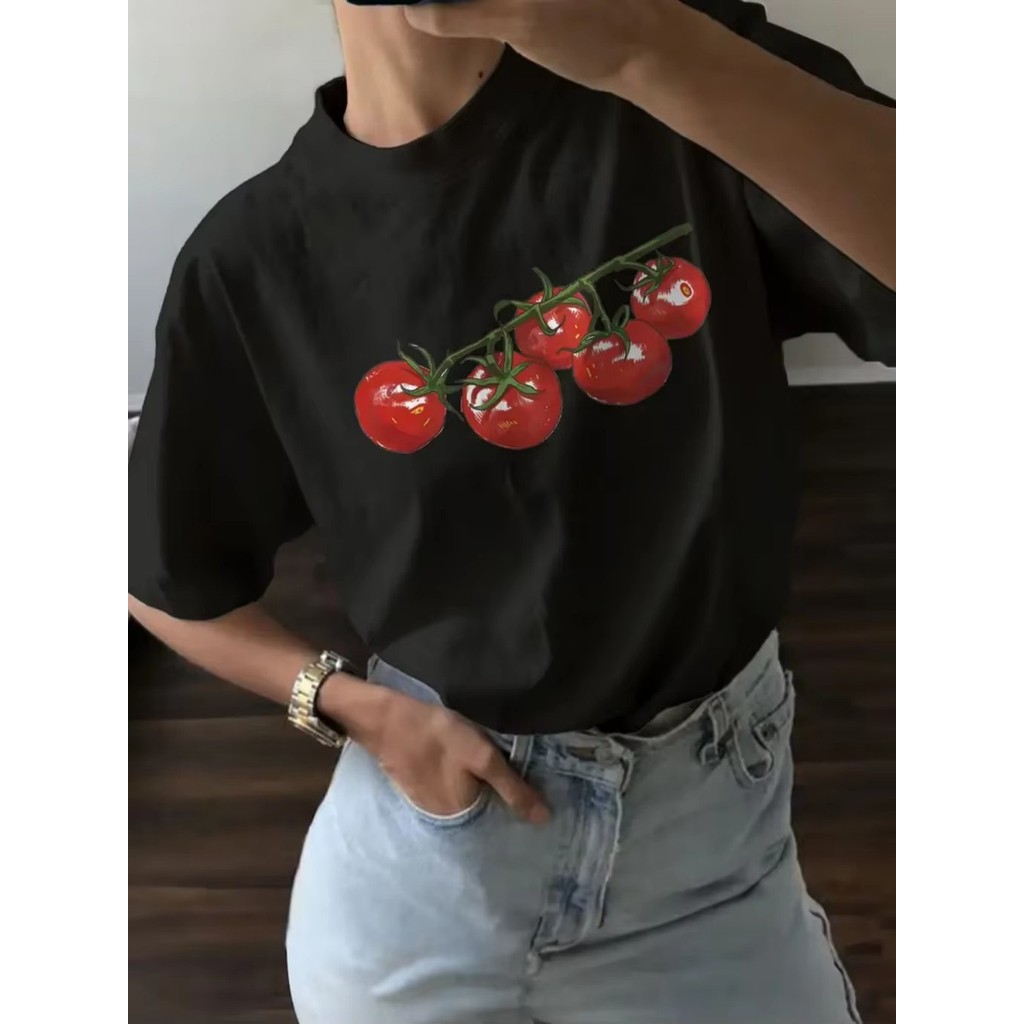 Camiseta Feminina 100% Algodão Estilo Urbano Estampa Tomate Fruta Blusa Confortável Moda Estilo Coreano