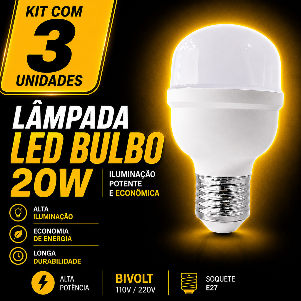 Kit 3 Lâmpadas LED 20W E27 Bivolt Luz Branca 6500K Alto Brilho Econômica lâmpada alto brilho lâmpada alto brilho Cozinha