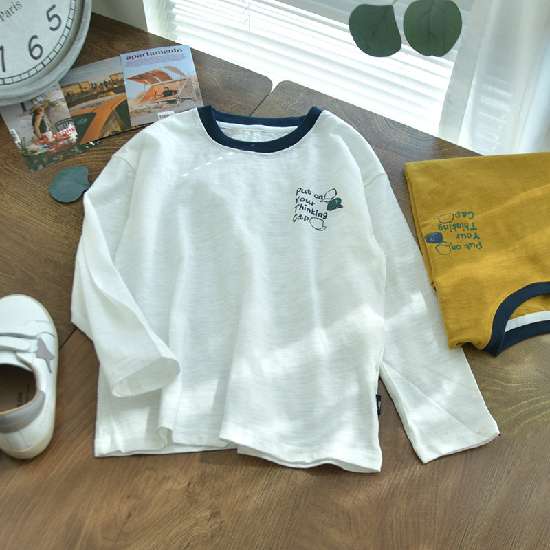 Meninos primavera outono em torno do pescoço contraste cor Slub algodão de manga comprida camiseta crianças macio pele-a