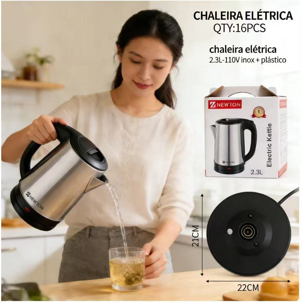 Oferta! Chaleira Elétrica 2.3L NEW'ION, Aço Inoxidável, 110V, Desligamento Automático, Ideal para Casa e Escritório