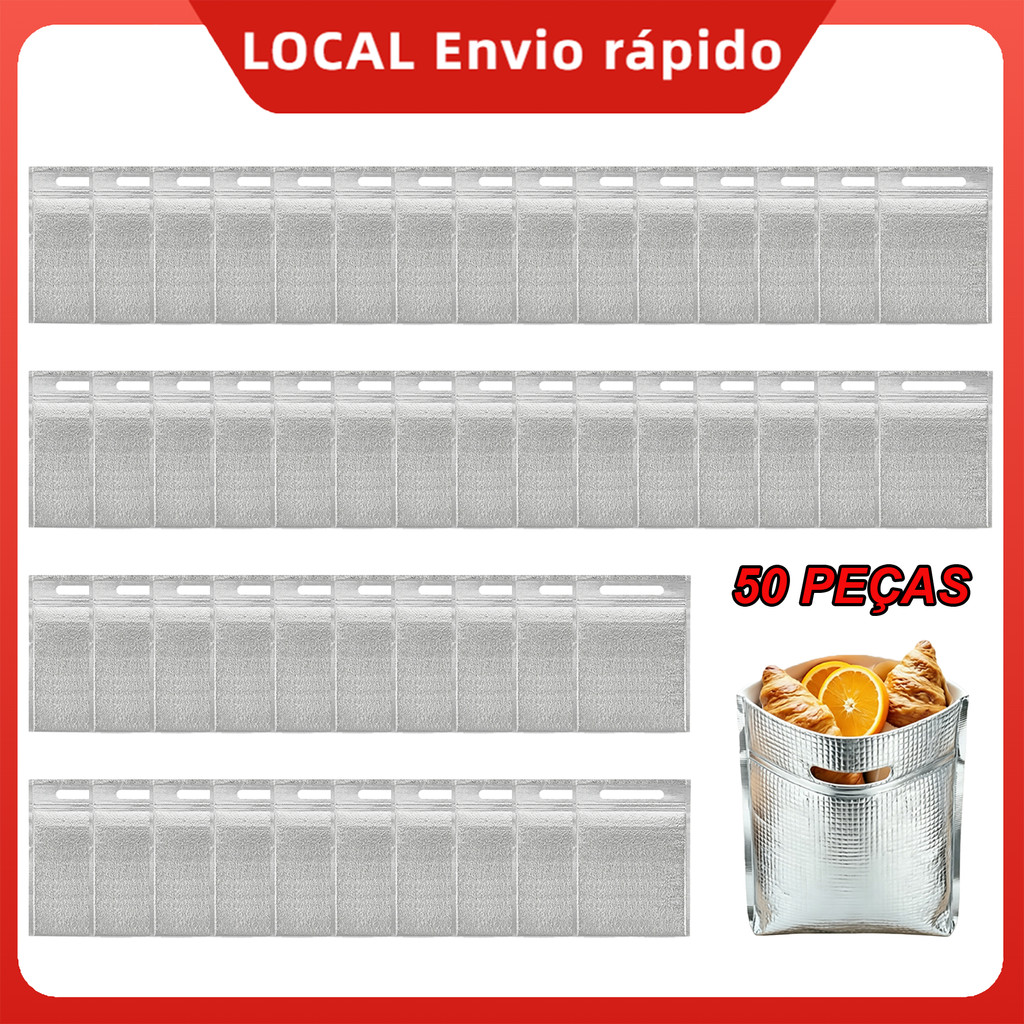 Saco Térmico Reutilizável 50 Peças, Alumínio com Zíper e Alça para Comidas, Frutas e Bebidas