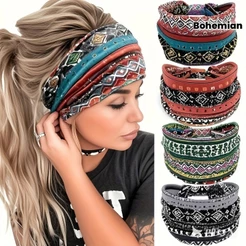 4 Pçs Boêmio Bandana Larga Elástica Antiderrapante Turbante Faixa De Cabelo Impressão Étnica Sweatband Yoga Esportes Ace