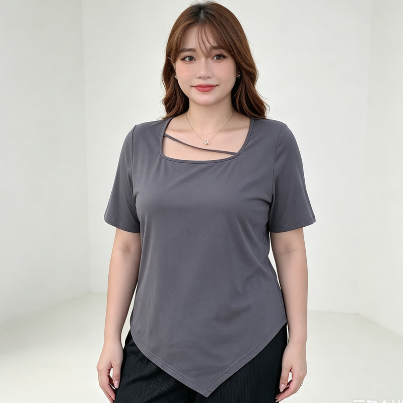 [Roupas femininas plus size] Camiseta Casual solta 150kg pode usar 1-150kg Roupas femininas plus size ombro quadrado gol