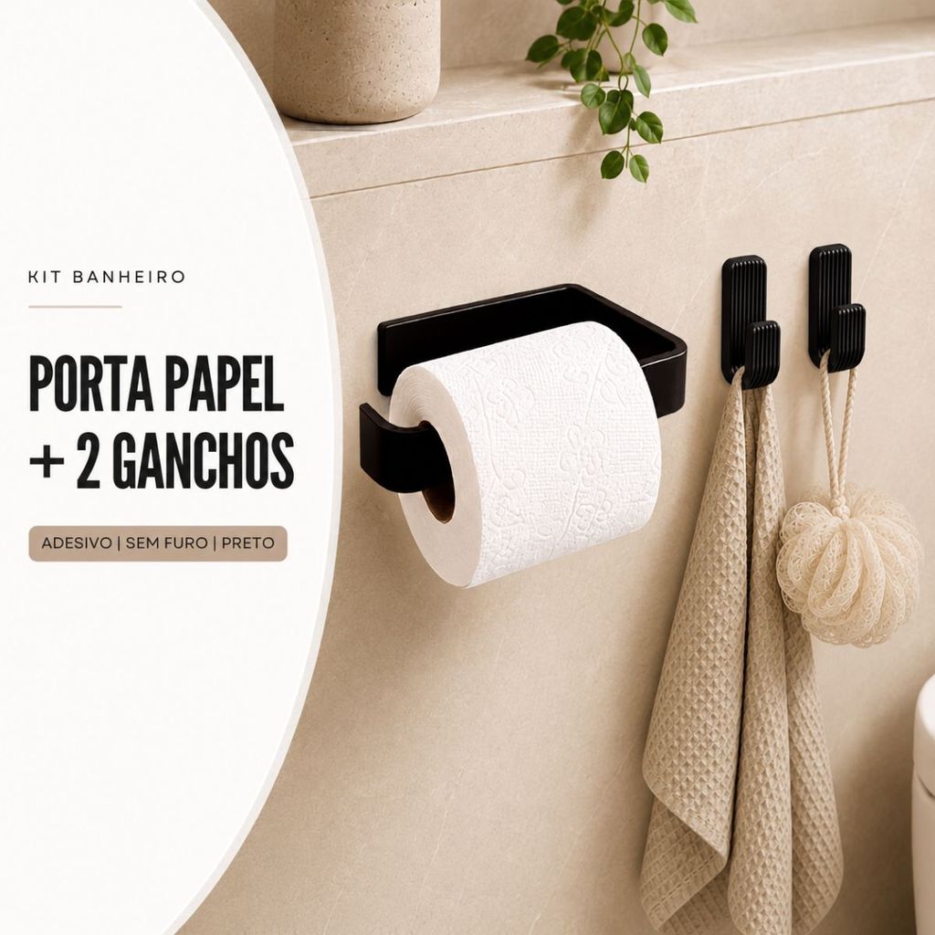 Kit Suporte Porta Papel Higiênico com 2 Gancho Parede Preto Adesivo 3M Sem Furo Banheiro Toalheiro