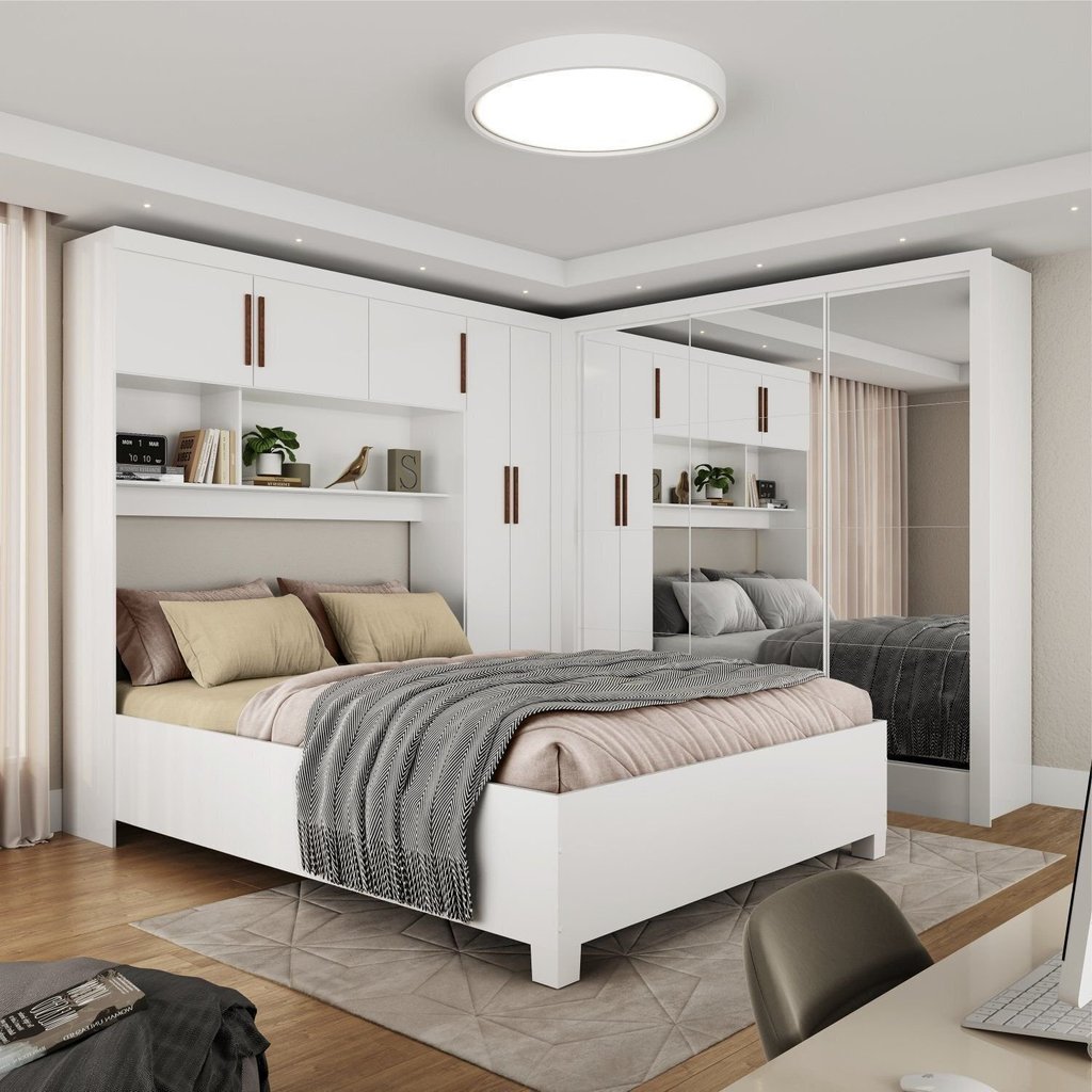 Guarda-Roupa Casal Modulado 5 Portas com Cama Santiago 3 Portas Premium 5 Gaveta com Espelho Branco Branco