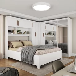 Guarda-Roupa Casal Modulado 5 Portas com Cama Santiago 3 Portas Premium 5 Gaveta com Espelho Branco Branco