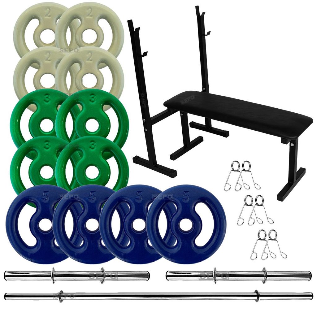 Kit Completo 40Kg Anilhas Emborrachadas com Barras de 40cm e 1,50m + Banco para Supino