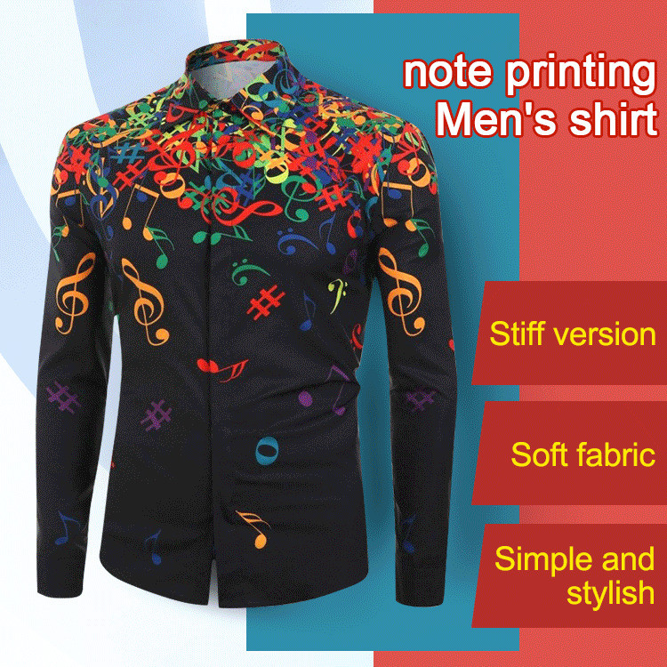 【Versátil para Festas】Trendy Men's Slim Fit Shirt with DoubleBreasted Collar and Musical Note Print/Camisa Slim Fit Masc