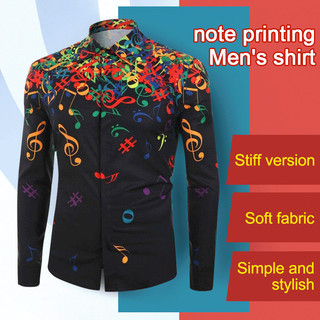 【Versátil para Festas】Trendy Men's Slim Fit Shirt with DoubleBreasted Collar and Musical Note Print/Camisa Slim Fit Masc