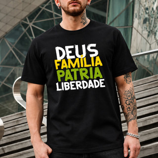 Camiseta Deus Pátria E Família Liberdade Bolsonaro Tradicional Brasil Patriota Unissex Algodão Estampada Envio Rápido