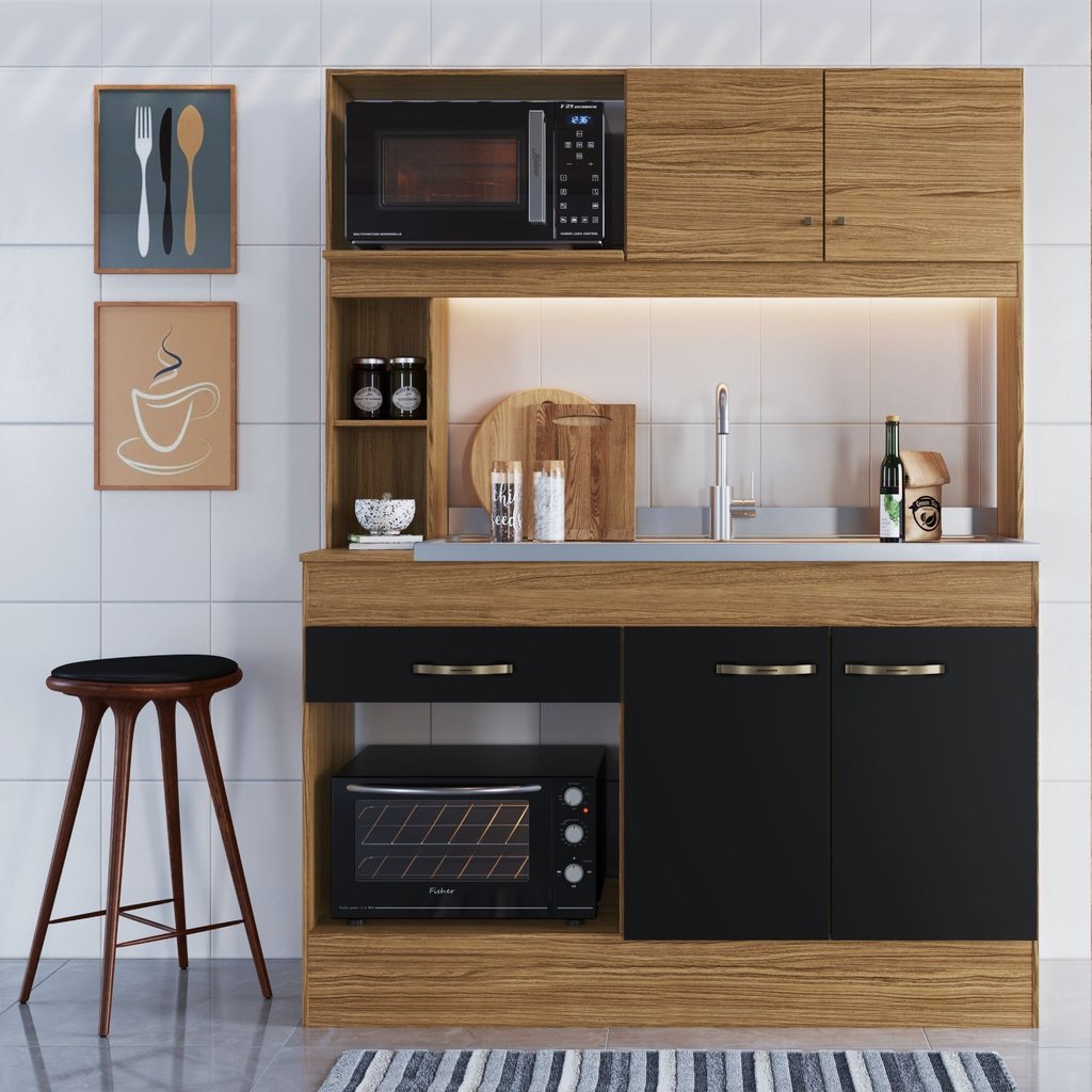 Cozinha Compacta 4 Portas 1 Gaveta 2 Nichos para Forno Zeta Preto/Marromle