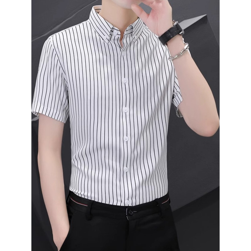 Camisa masculina de manga curta, camisa da moda, verão, Slim fit, meia manga, listrada, bonito, negócios, Casual, seda g