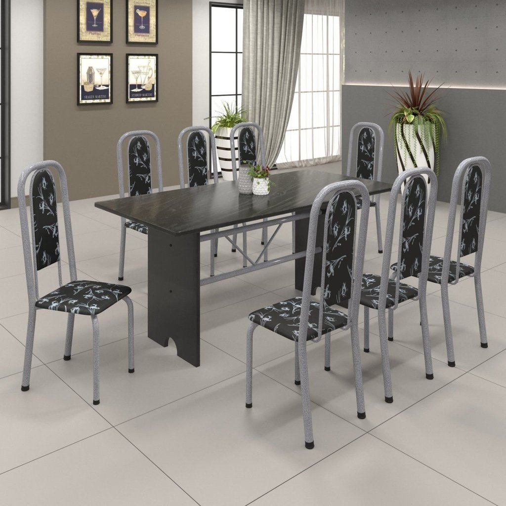Conjunto de Mesa 180x75cm Tampo Ardósia com 8 Cadeiras Lavínea Preto/Martelado Pérola/Floral Martelado Pérola/Preto