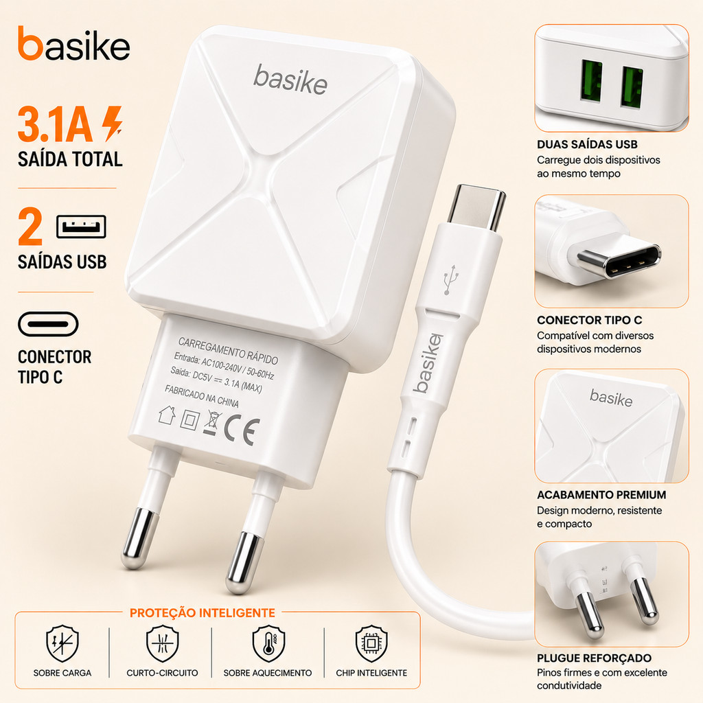 Carregador Adaptador USB Tipo C Basike 3.1A 2 Saídas USB Carregamento Rápido Cabo USB-C Branco