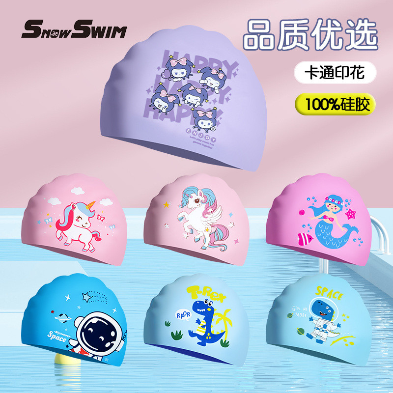Touca de natação de Silicone estampada fofa de desenho animado para crianças Cabelo longo Proteção de ouvido à prova d'á