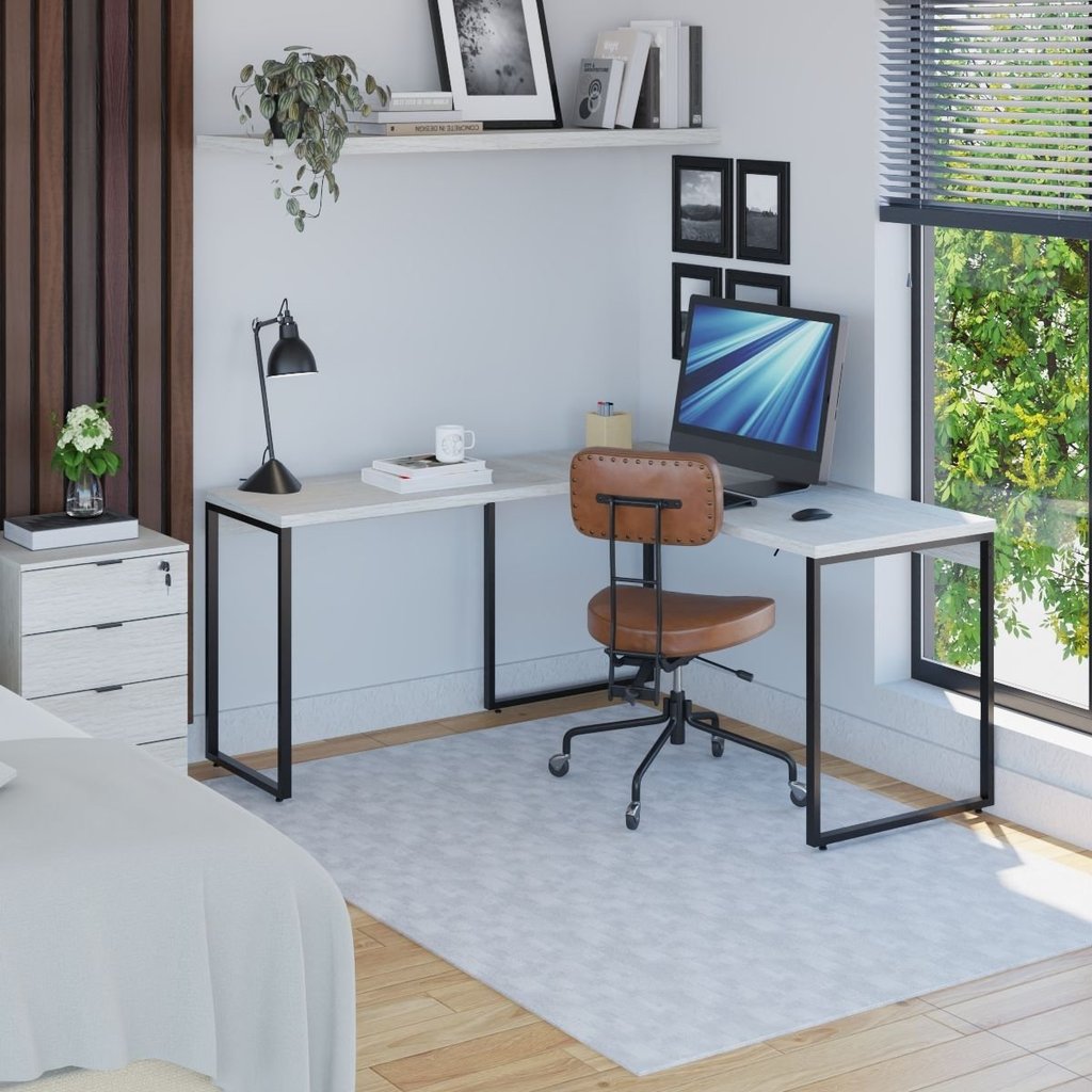 Escrivaninha Mesa Escritório em L Estilo 1,50MX1, Kuadra Compace 150cm Industrial Snow Bege Snow