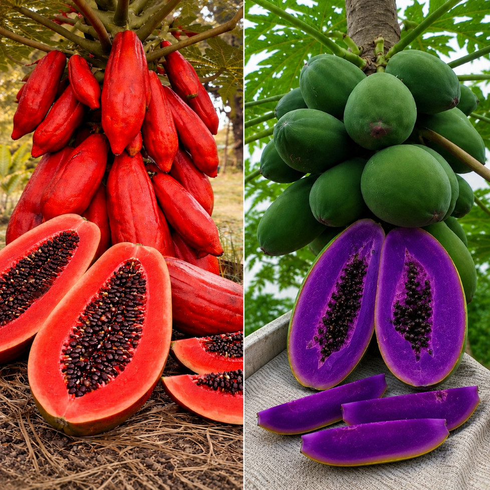 Kit 2 Pacotes Sementes de Mamão Exótico: Papaya Vermelho + Gigante Roxo Para Horta