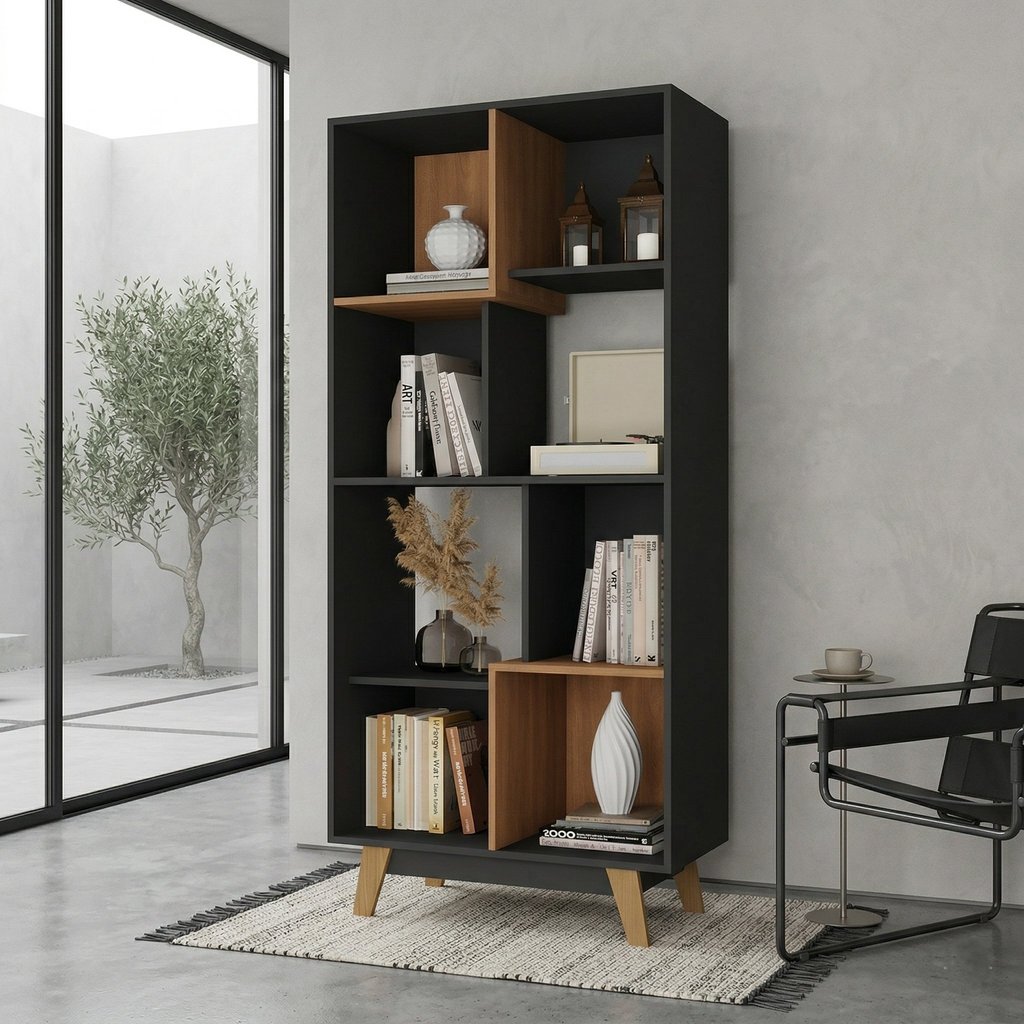 Estante de Livros 83,8CMX181CM Pés em Madeira Maciça 8 Nicho Yescasa Cinza/Nogal Cinza/Nogal