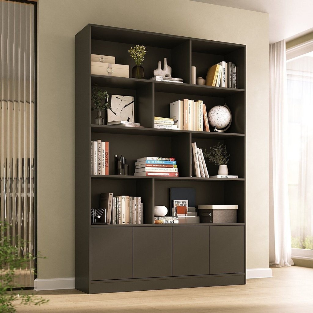 Estante de Livros 100% MDF 124,5CMX180,5cm 4 Portas 8 Nichos Versatile Preto Preto
