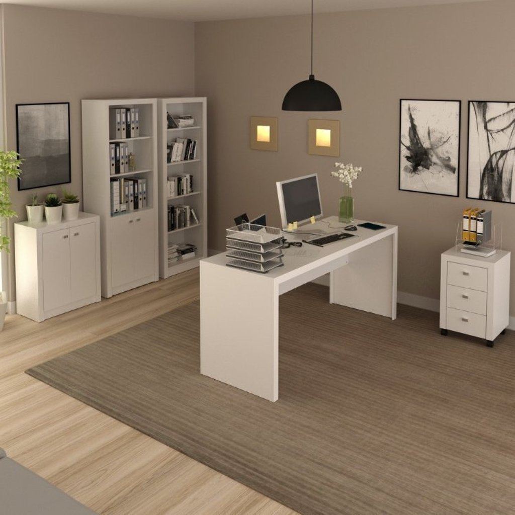 Conjunto 5 Peças com Mesa para Escritório, Armário Baixo, Alto, Estante e Gaveteiro Branco Branco