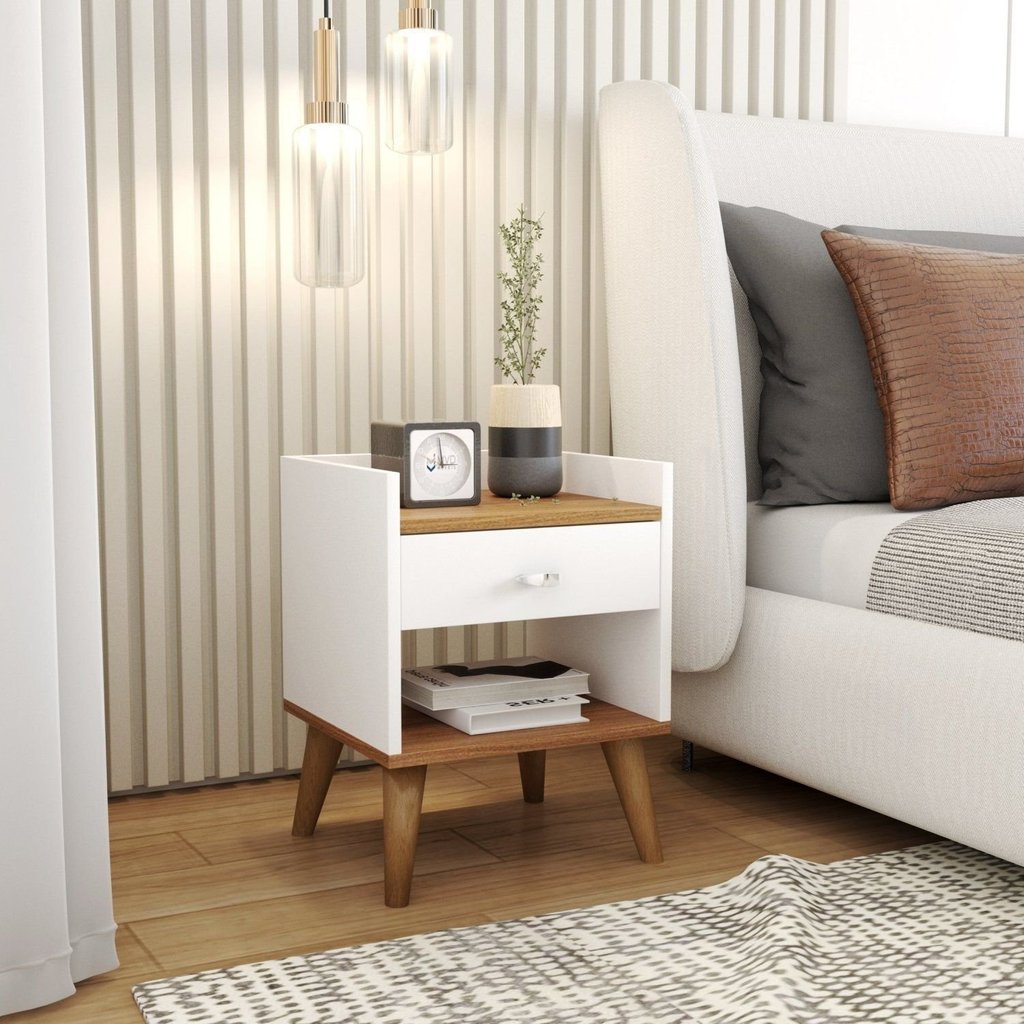 Mesa de Cabeceira Retrô Pés Palito em Madeira Maciça 1 Gaveta e Prateleira Branco Branco/Freijó