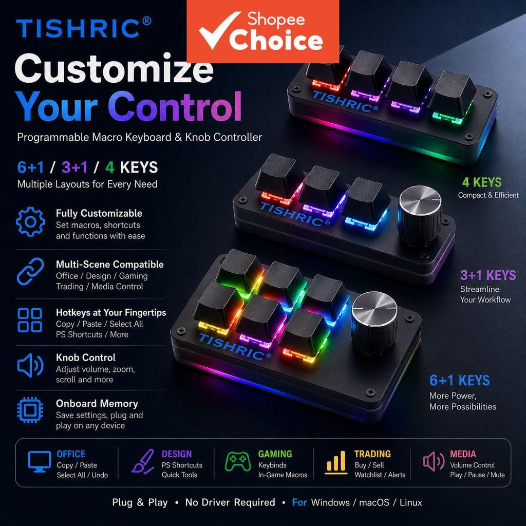 Teclado Mecânico Mini TISHRIC RGB USB 3+1/4/6+1 Teclas Macro Compatível com Jogos para Atalhos do Photoshop Copiar e