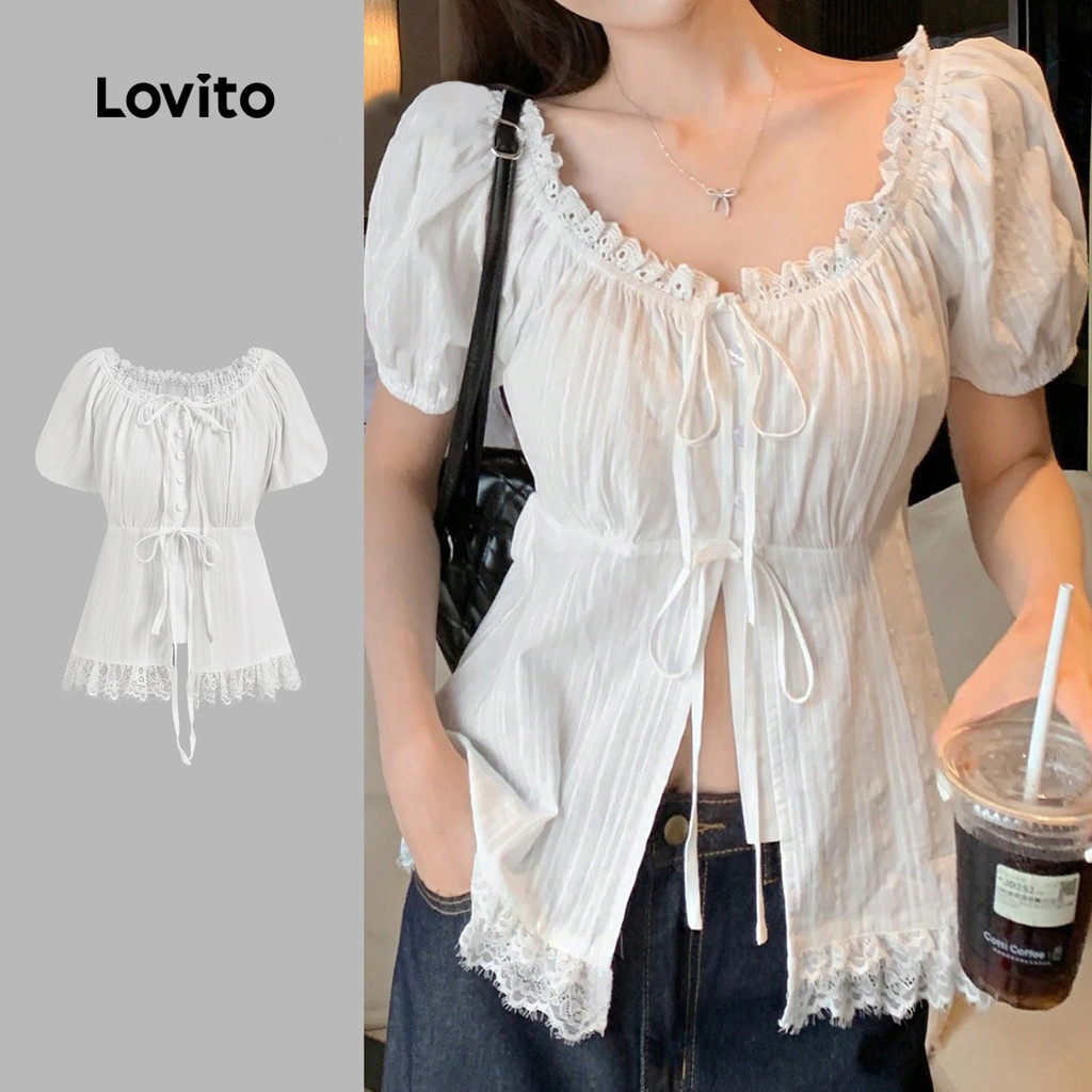 Lovito Blusa Branca De Verão Para Uso Diário Com Mangas Bufantes Curtas Amarraçã