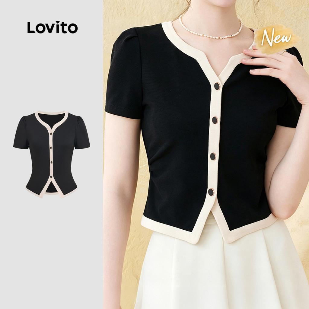 (New Arrival) Lovito Camiseta Elegante Colorblock Botão Fenda Frontal Primavera/Verão Preto e Branco Feminina L199ED499
