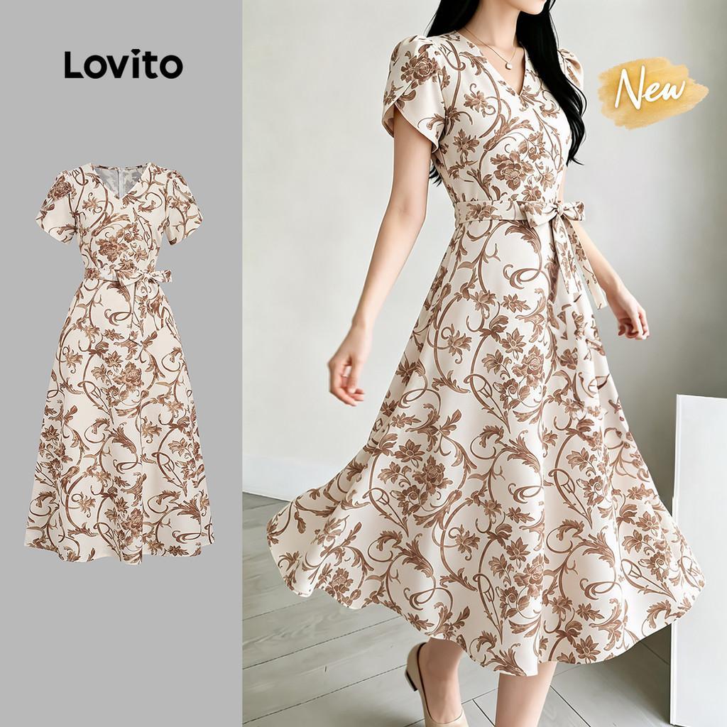 (New Arrival) Lovito Vestido Elegante com Flores e Cinto para Mulheres primavera