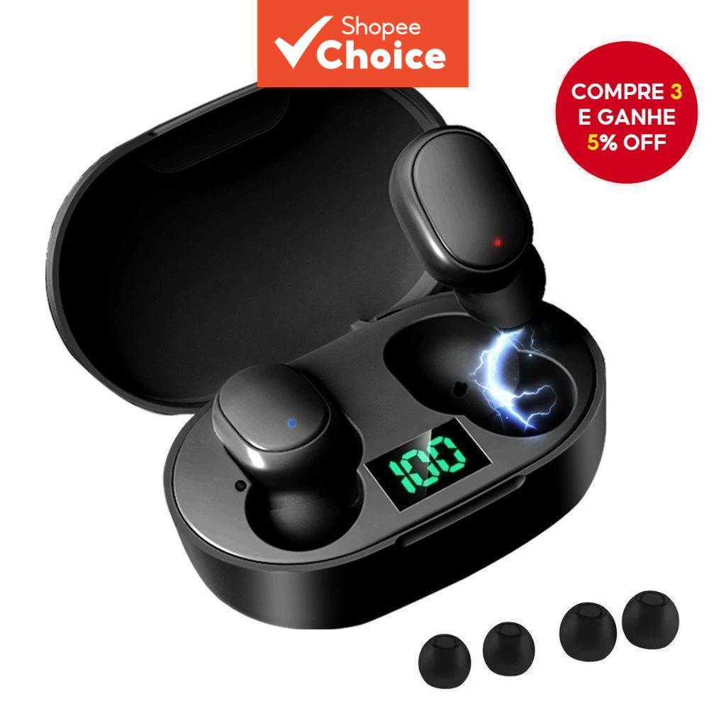  Fones de ouvido sem fio E6S TWS Bluetooth com display LED, som estéreo 9D, à prova d'água, redução de ruído, com
