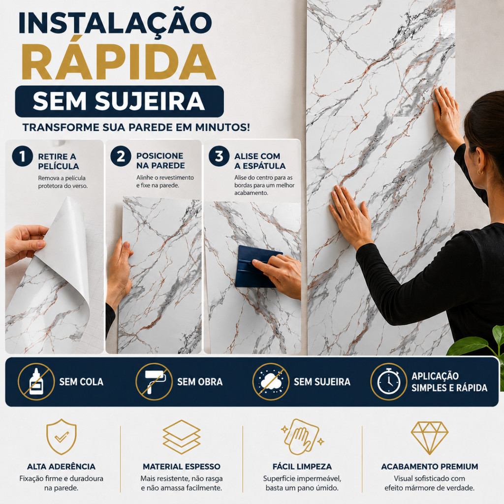 1x Placa Adesiva Em Rolo Adesivo Parede Cola Marmore 60x300cm 3m Impermeavel Total 1,8m2 — imagem 2 de 2