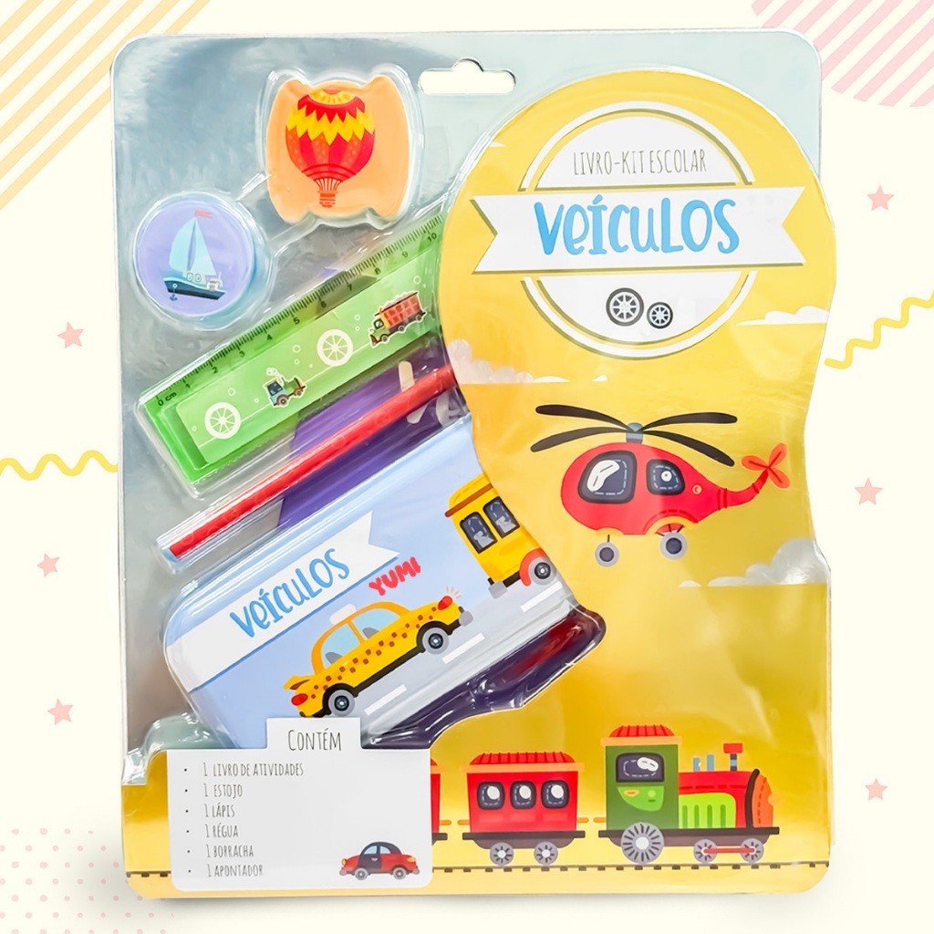 Livro Kit Escolar Veículos - Livro Infantil De Atividades Educativas Com Estojo Lápis Régua Borracha E Apontador