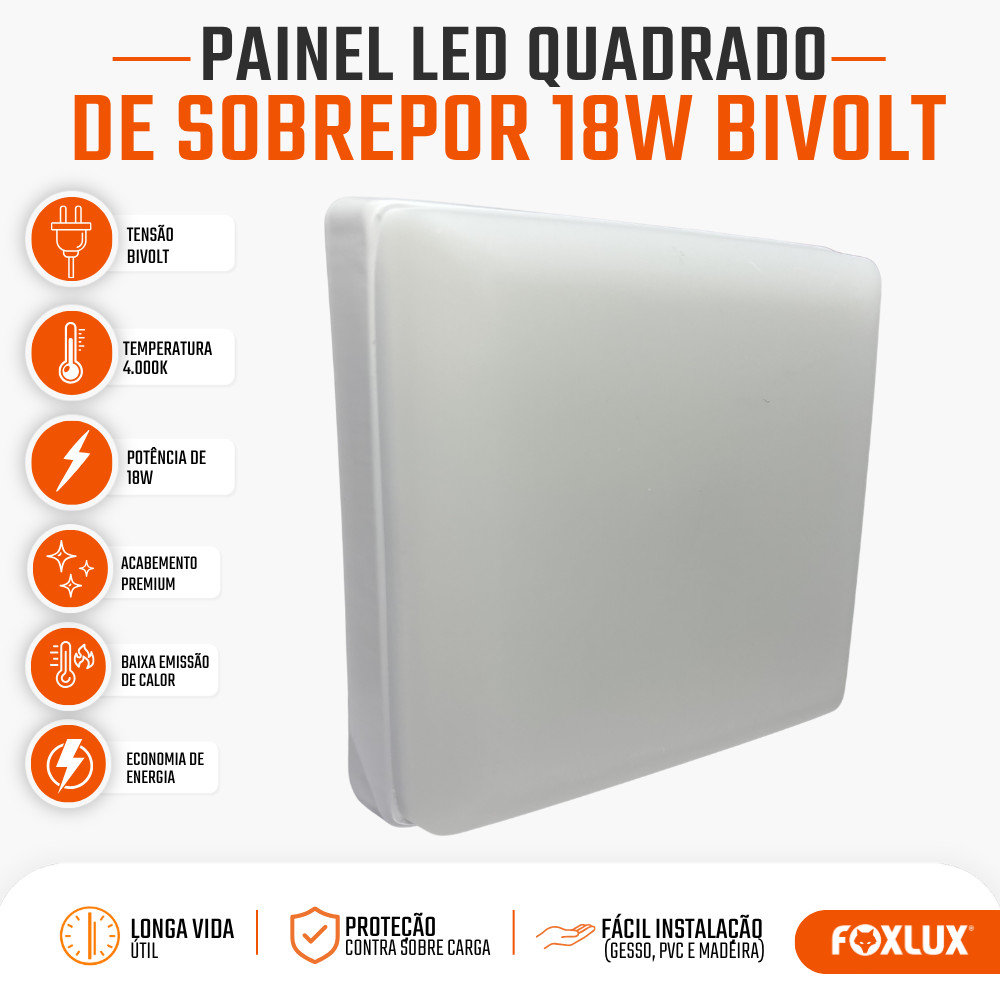 Painel Plafon LED Plafon Quadrado Sobrepor Foxlux 18W 4000K Branco Neutro