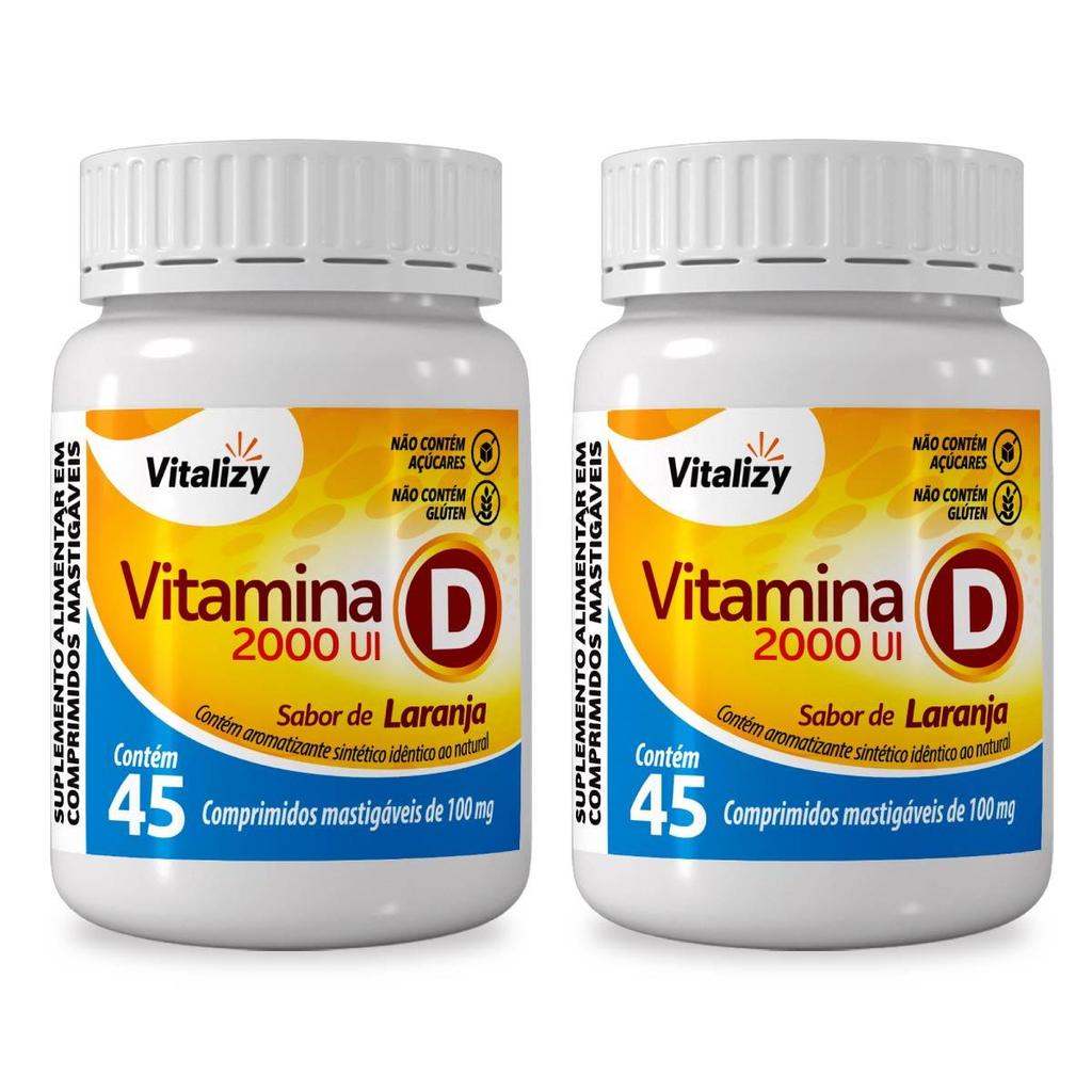 Kit 2x45 Comprimidos Vitamina D D3 Mastigáveis Alto Teor Sabor Laranja Zero Açúcar Original Vitalizy