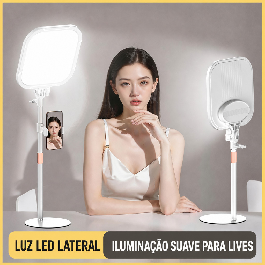 Luz de Preenchimento Painel Quadrado Protetor dos Olhos, 3 Tons Luz, Brilho Ajustável, Suporte Celular Live Maquiagem