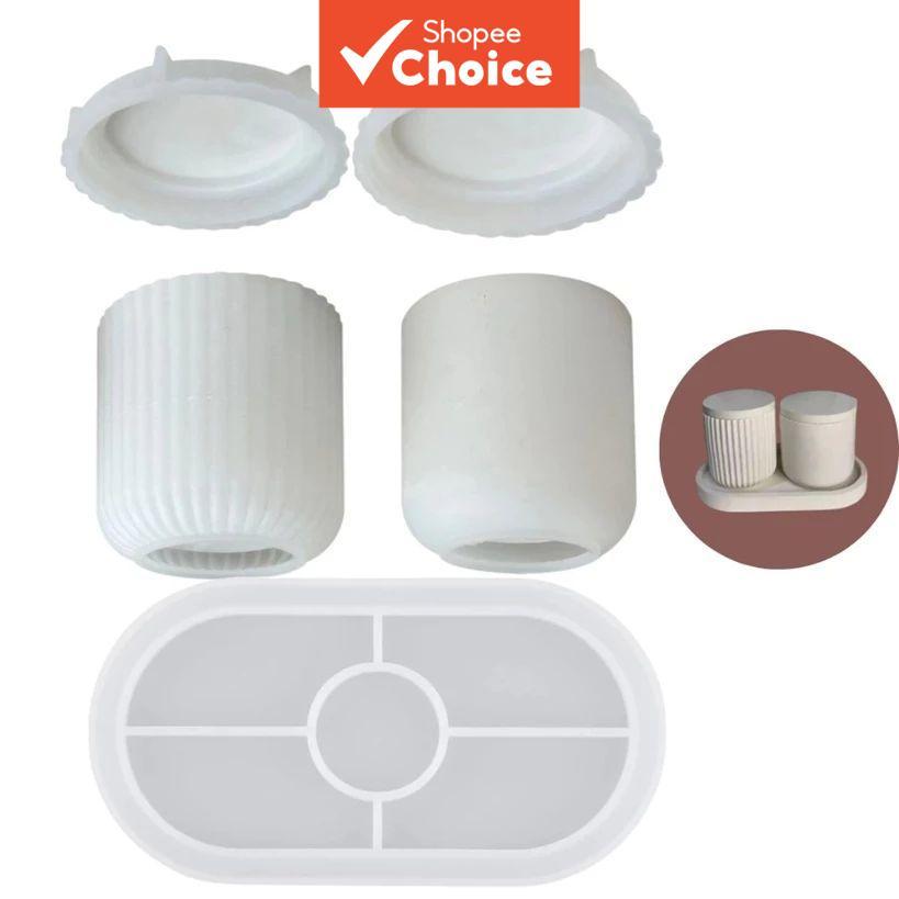 Kit de Moldes de Silicone Reutilizáveis com Tampa, Bandeja Oval para Cimento, Gesso, Resina e Artesanato de Vela