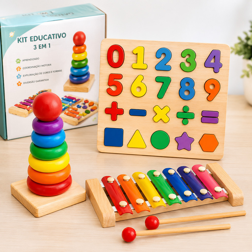 Kit 3 Brinquedo Educativo Montessori Madeira Torre Encaixe Xilofone Formas Geométricas