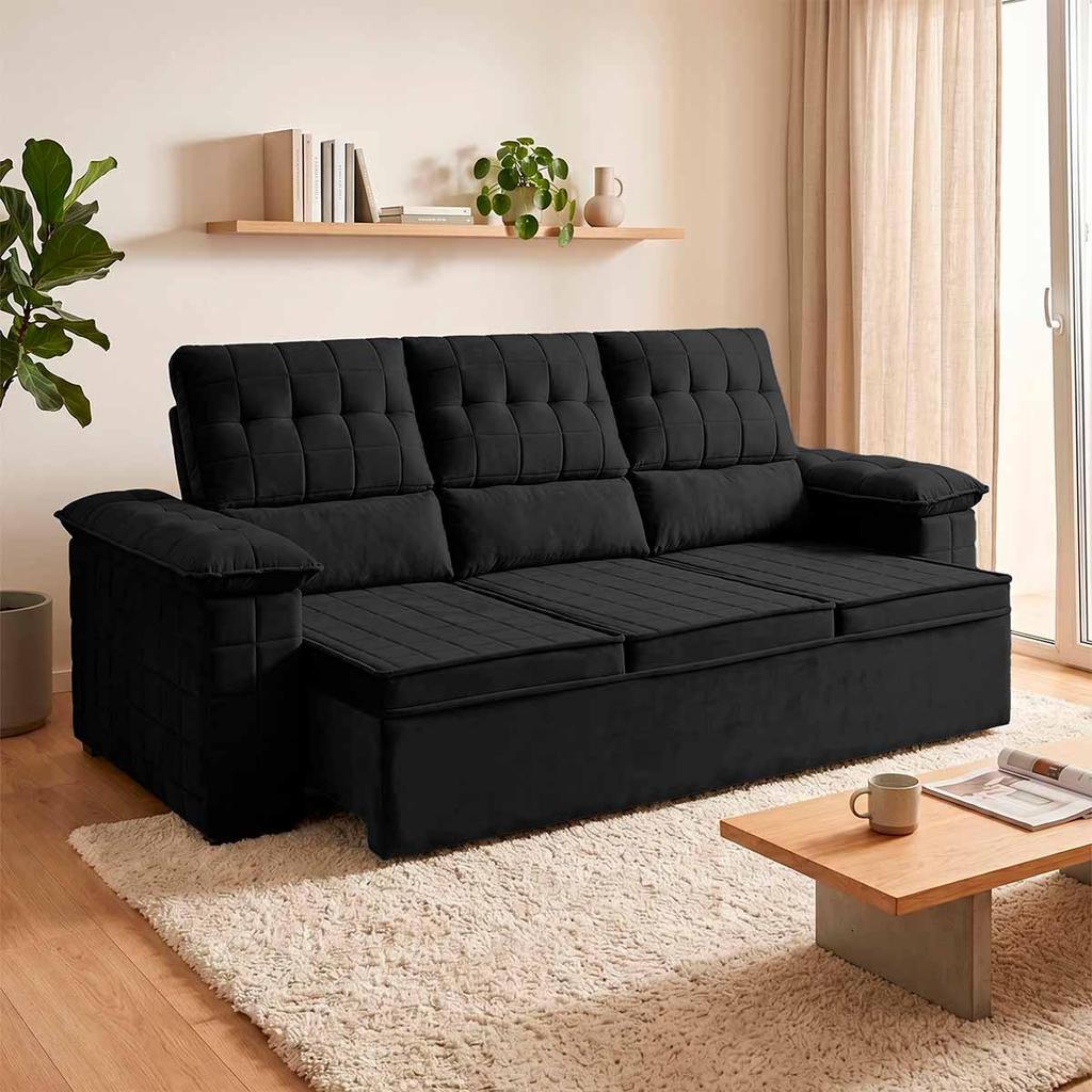 Sofá Retrátil Reclinável 4 lugares com molas 2,30m Quantum Suede Velut Preto - King House