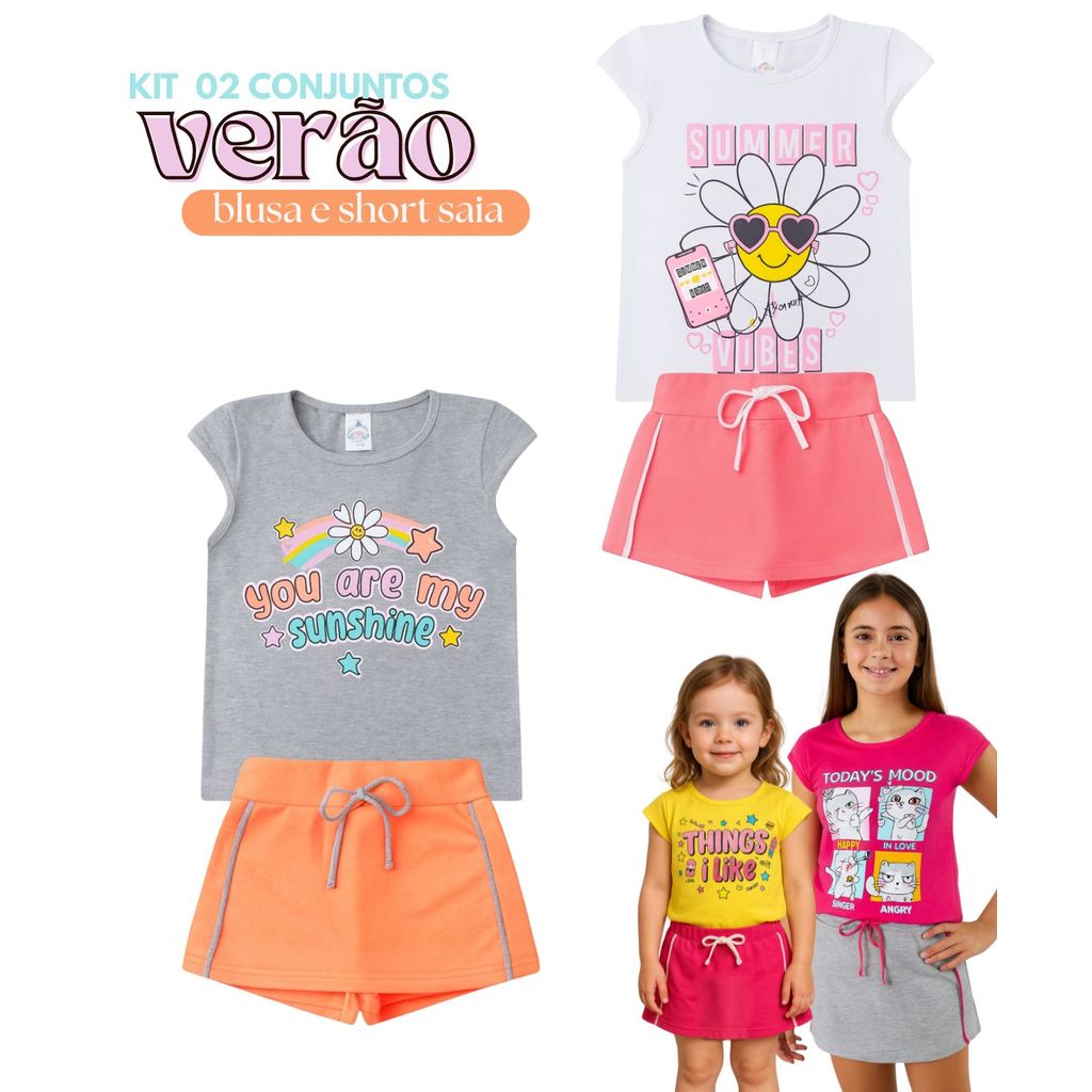 Kit 2 Conjuntos Verão Infantil Juvenil Feminino Blusinha Neon e Shorts Saia em Moletinho Roupa Menina Tamanhos 04-16