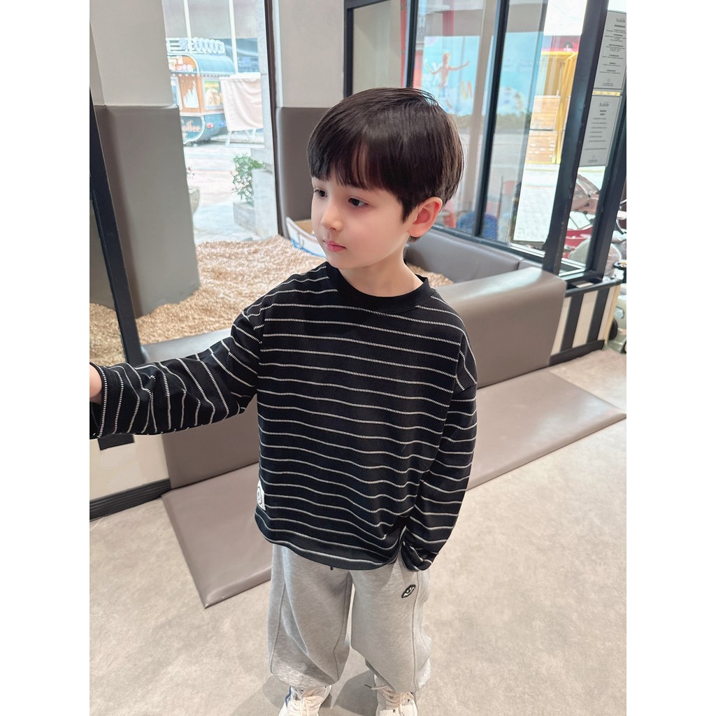 Simples estilo japonês ~ crianças primavera estilo elegante preto branco listrado manga comprida camiseta meninos menina