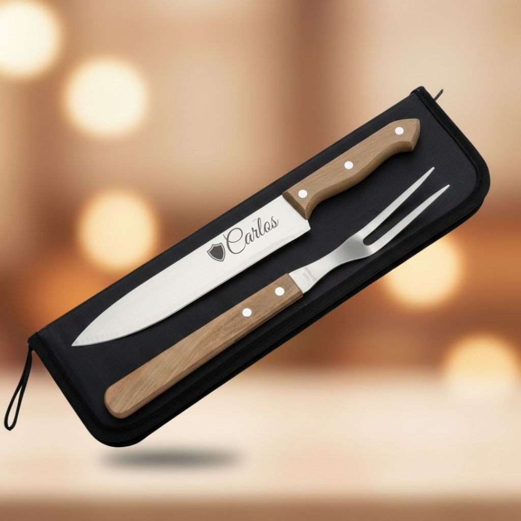 Kit Churrasco Personalizado 2 pçs Faca e Garfo Estojo Presente