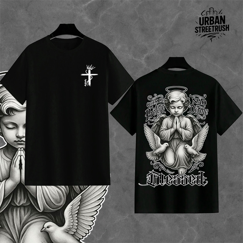 Camiseta Masculina Camisa Masculina Streetwear Anjo BLESSED Blusa Algodão, Estampa Elegante e Visual Imponente