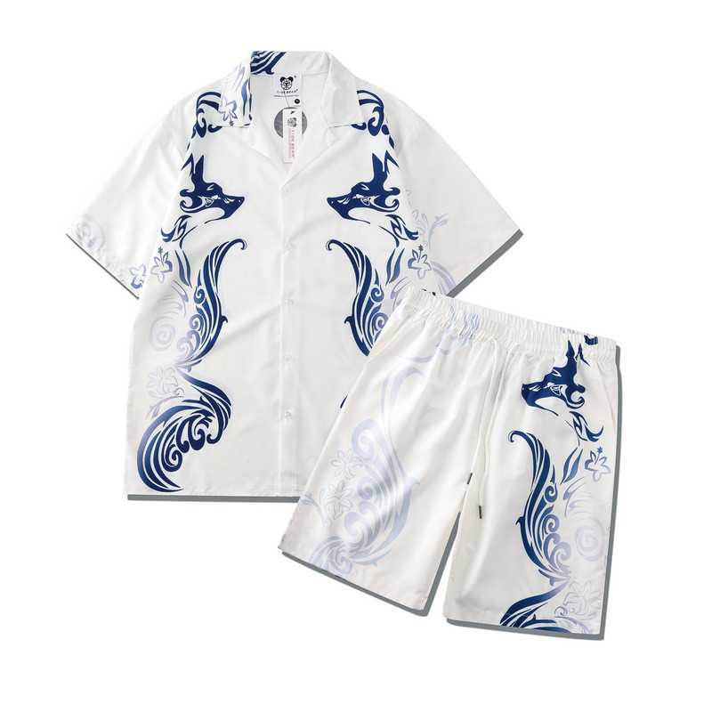 [Novo produto] Conjunto de camisa solta de praia Casual com estampa Digital de Totem branco e Shorts de manga curta masc