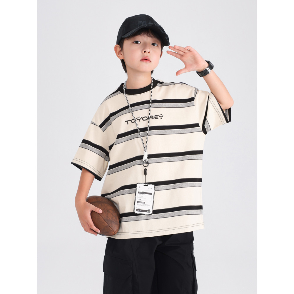 Meninos verão estilo coreano listrado gelo seda de manga curta camiseta 2026 novo estilo juventude crianças verão meia m