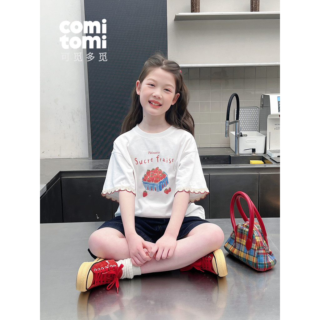 Meninas estilo ocidental de manga curta camiseta branca grandes crianças soltas versão coreana topos crianças pequenas c