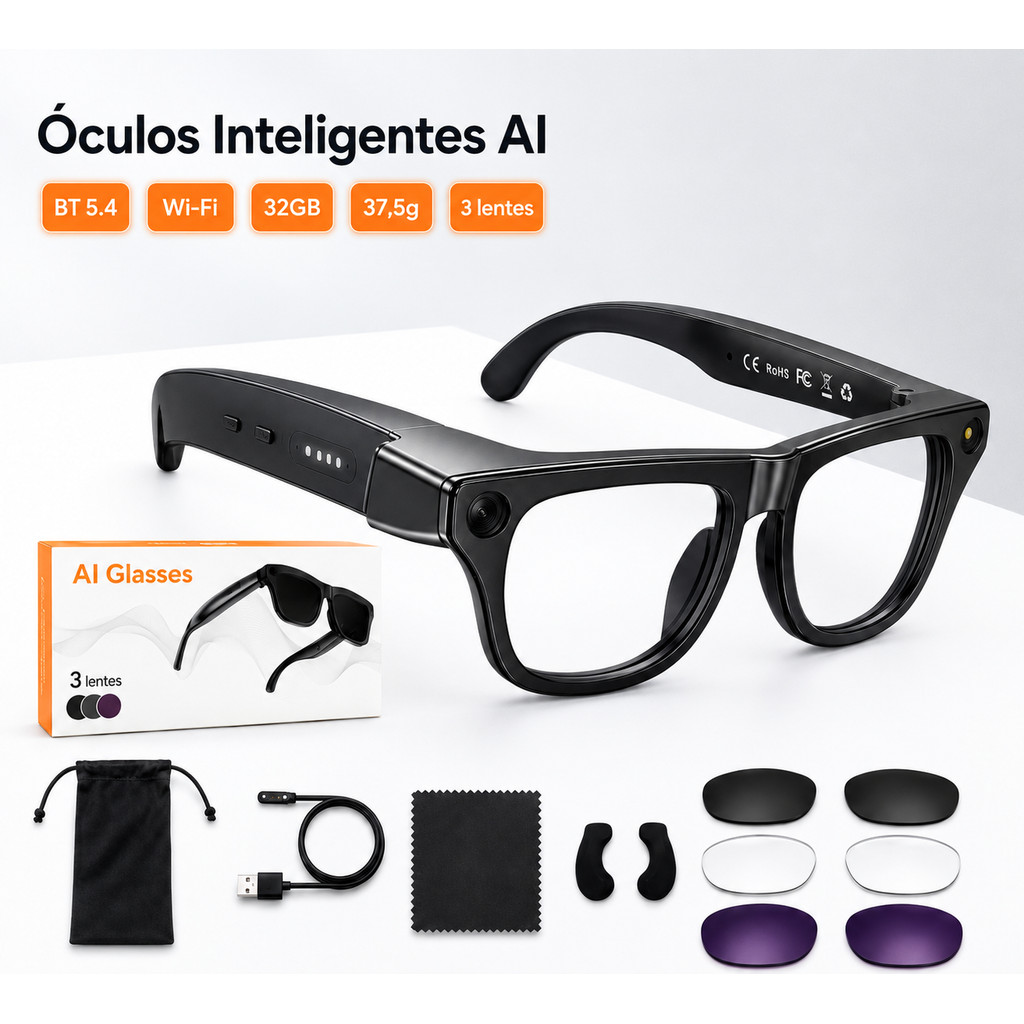 Óculos AI Inteligente com Câmera Reconhecimento de Imagem Áudio Bluetooth Ultra Leve